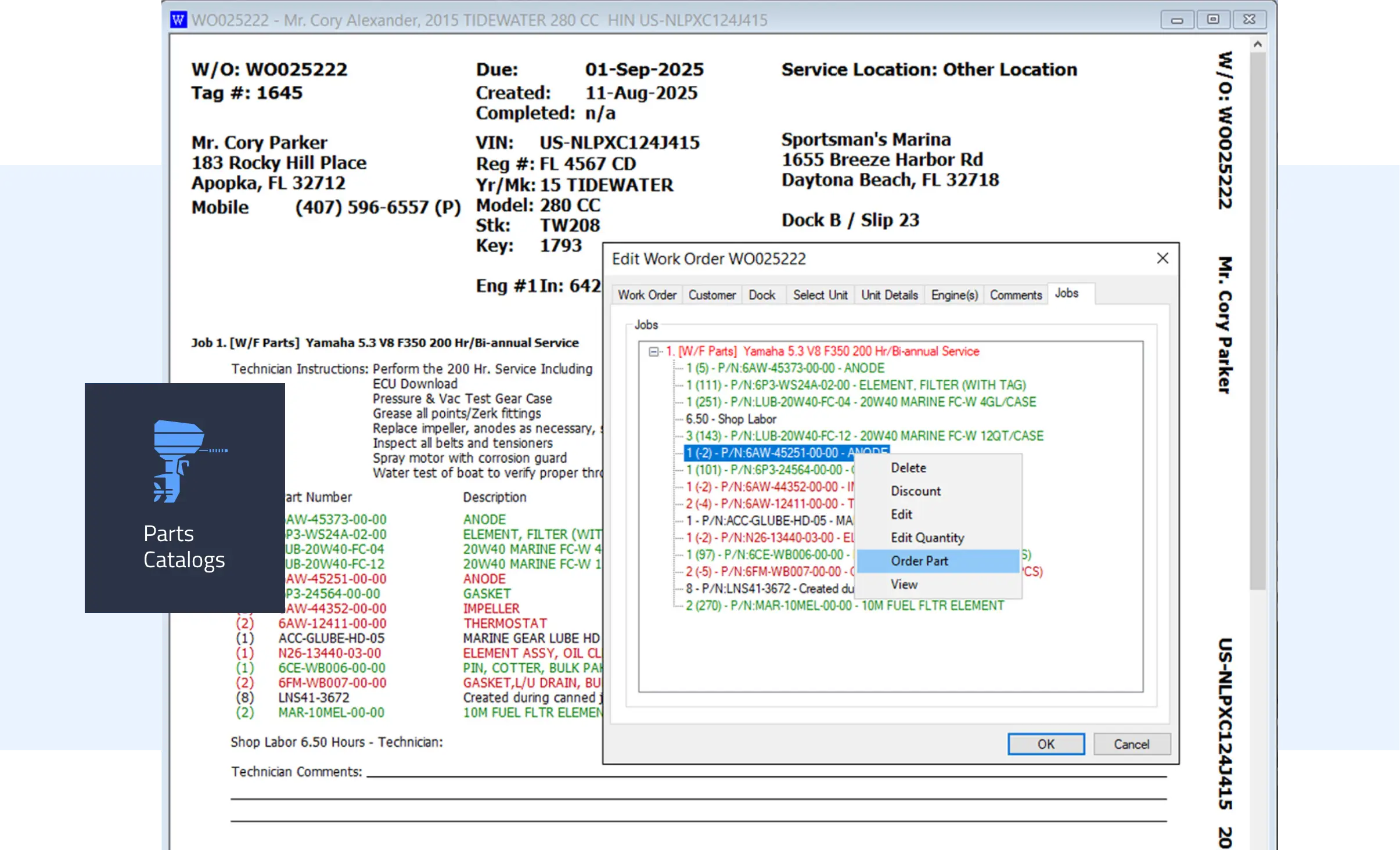 Computer screen showing a detailed marine service work order with part numbers and options to view, edit, or order parts, representing a comprehensive parts catalog system.