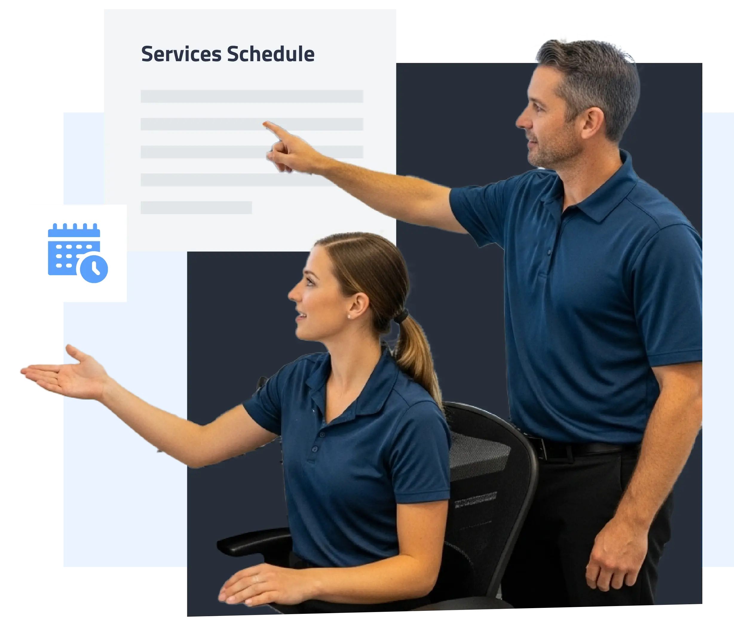 Man and woman in blue uniforms reviewing a service schedule, representing an advanced service scheduler that automates job assignments, updates in real time, and streamlines dealership workflow.