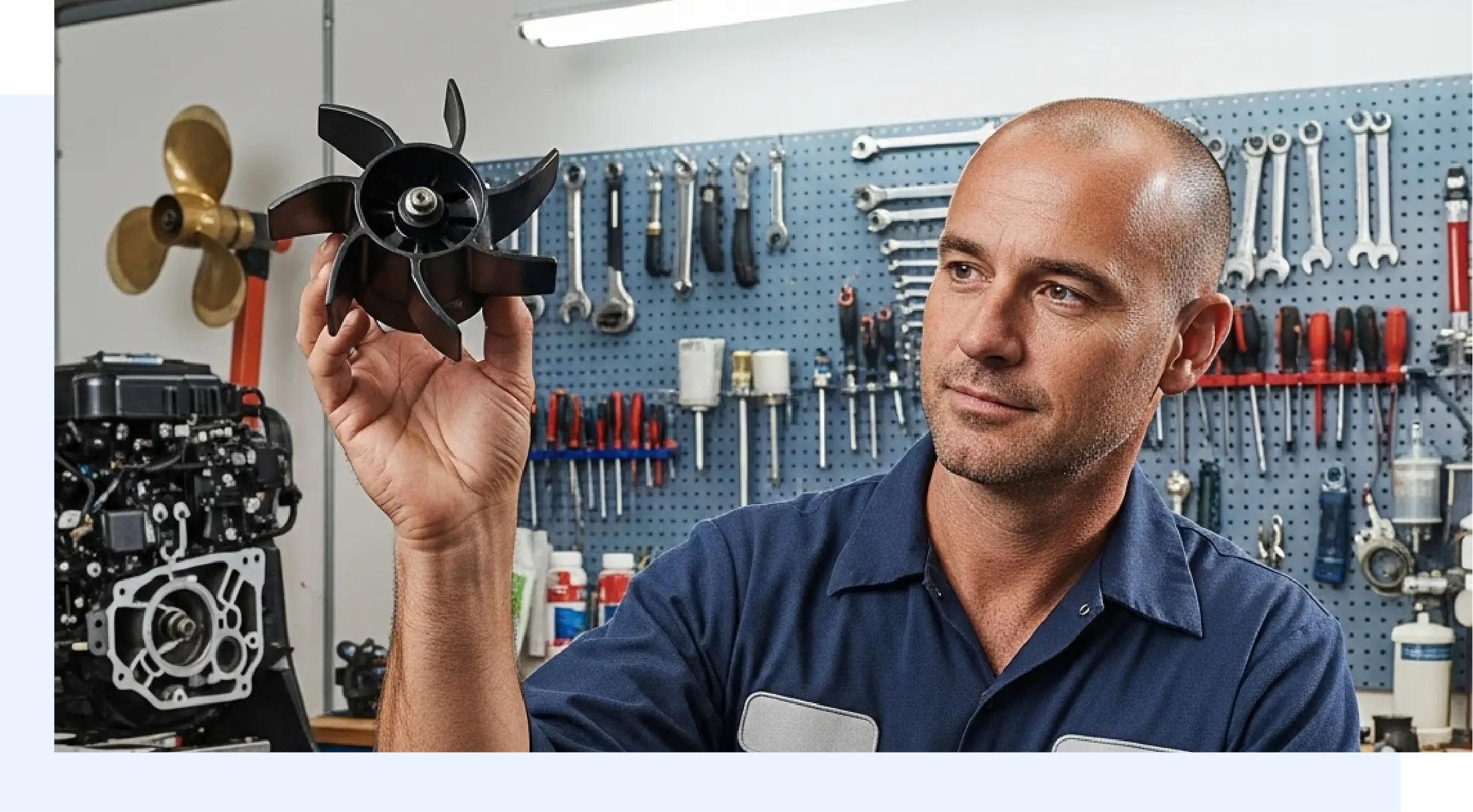 Marine technician inspecting a propeller in a workshop, highlighting winboats barcode integration and mobile parts management.