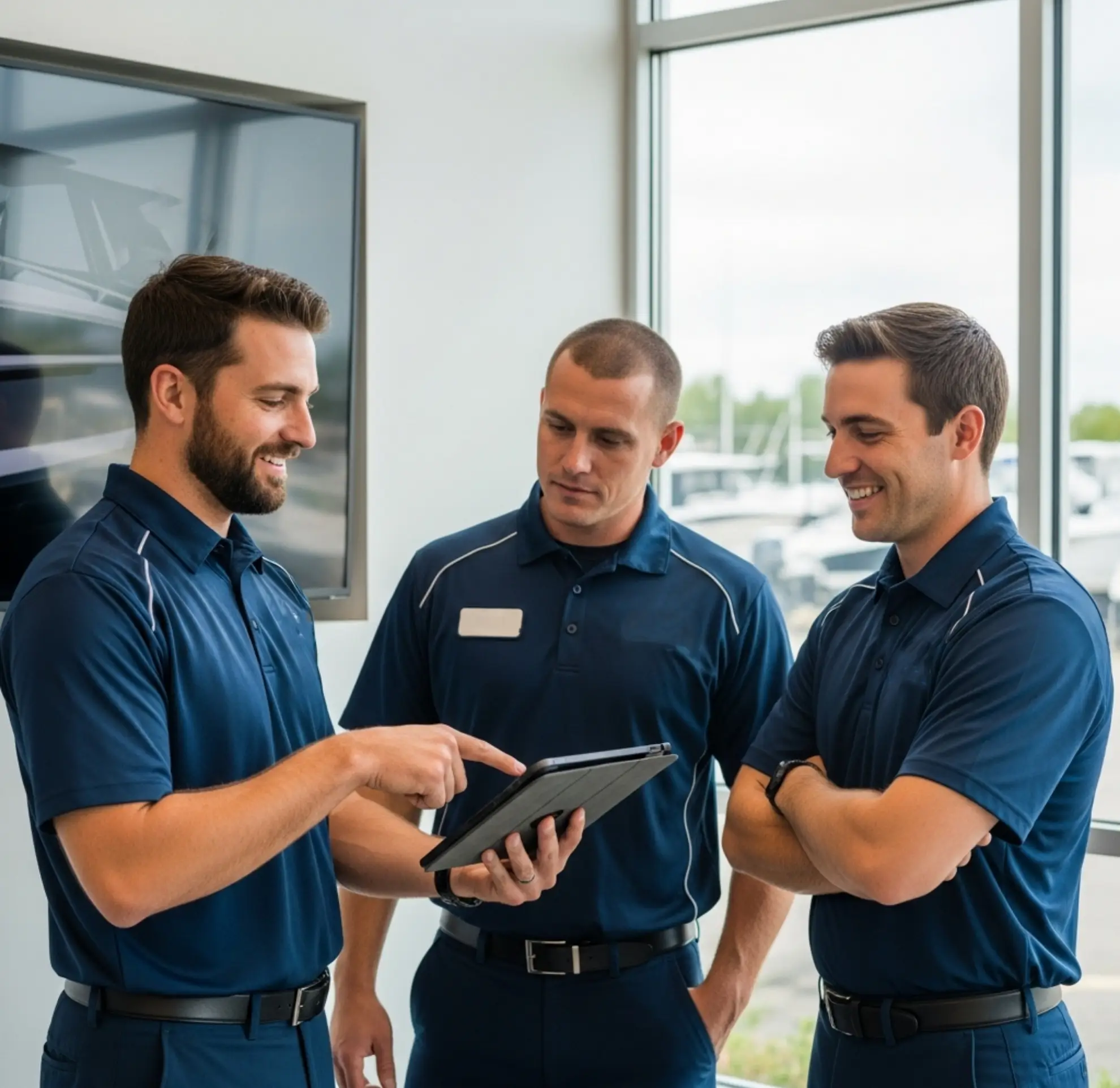 Winboats marine dealership team collaborating on a tablet, showcasing the best dms built on industry expertise.