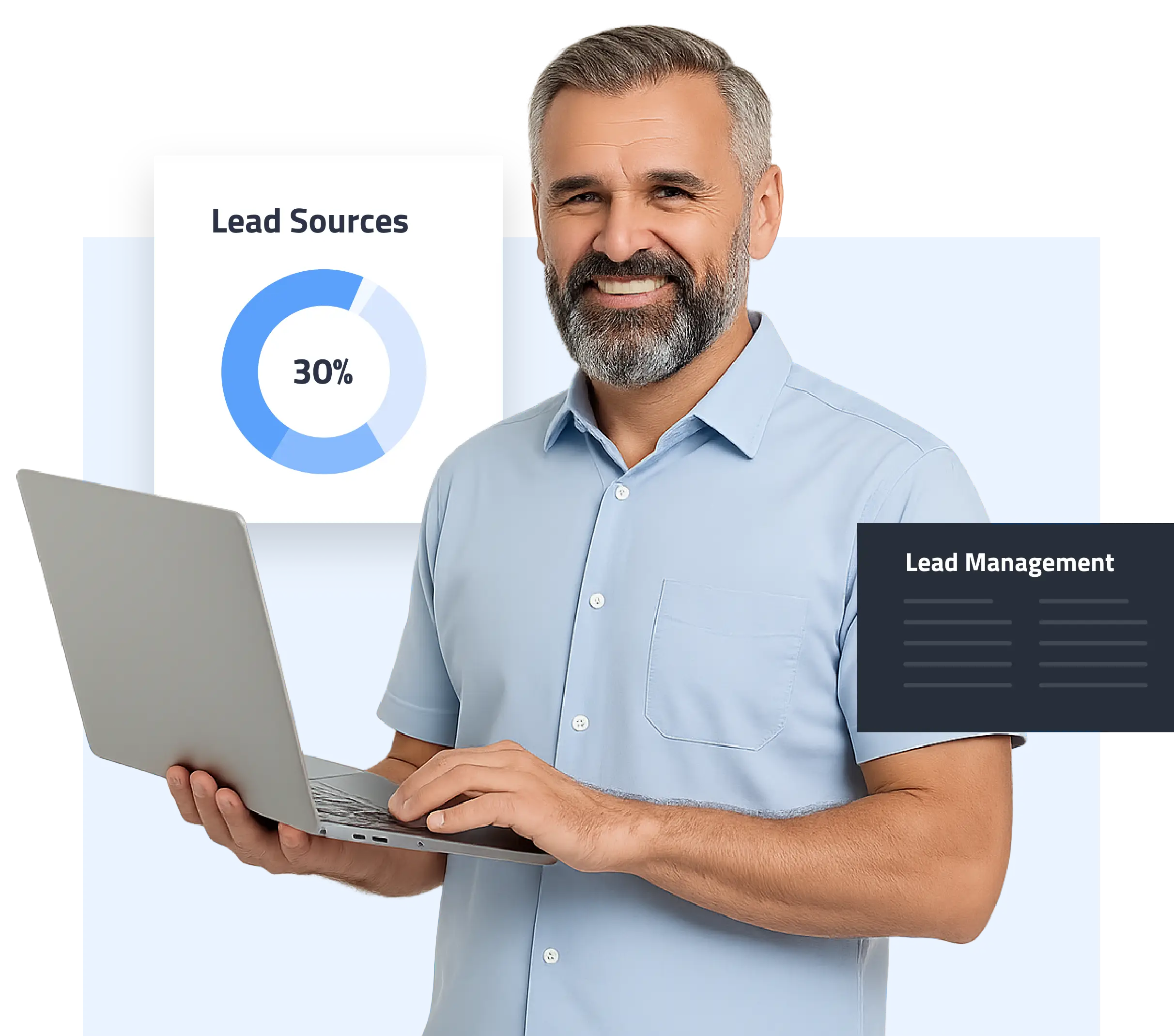 Man using laptop with lead management and lead sources graphics.