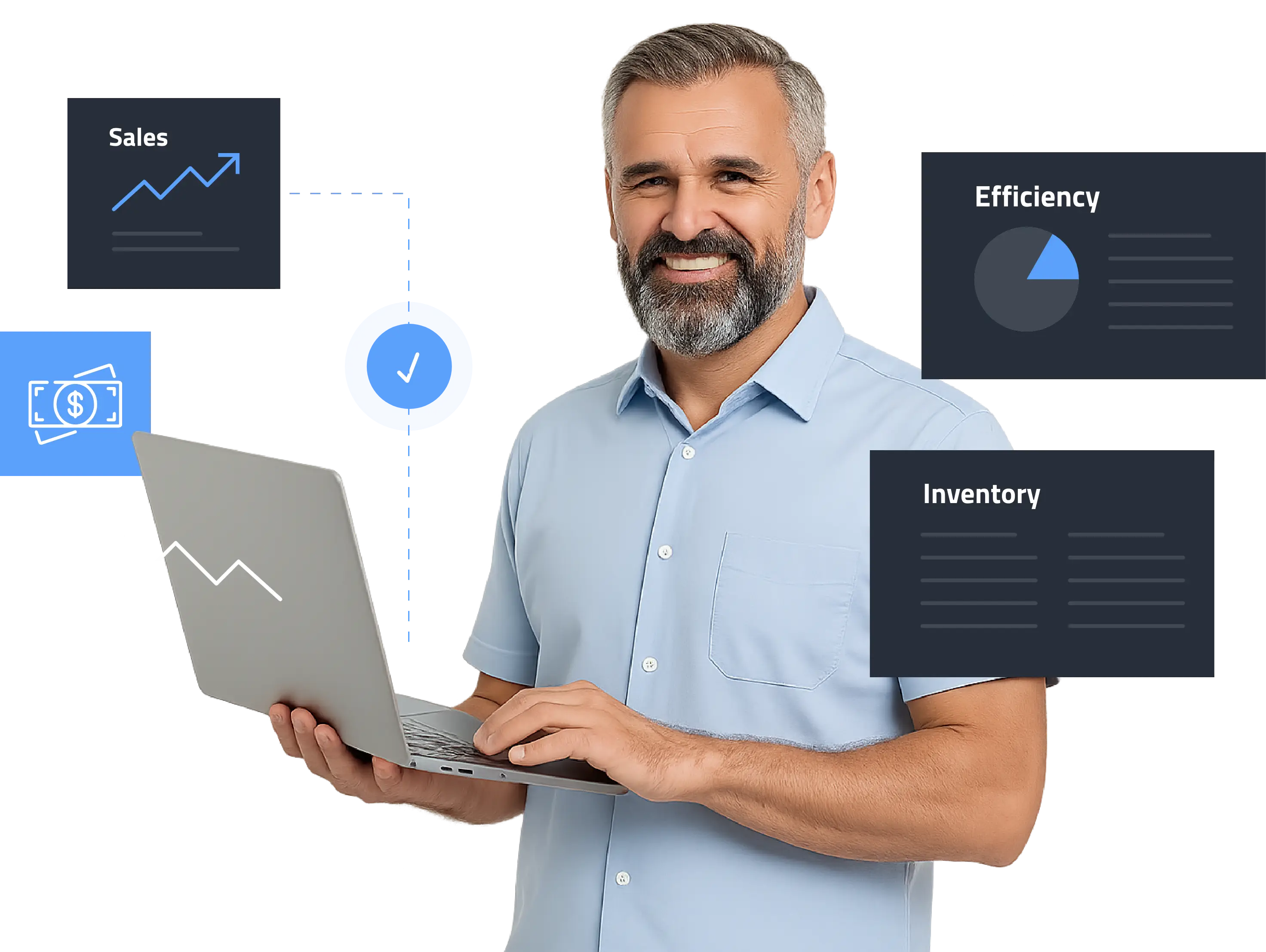 Winboats user analyzing sales, efficiency, inventory, and financial data on a laptop for marine dealership management.