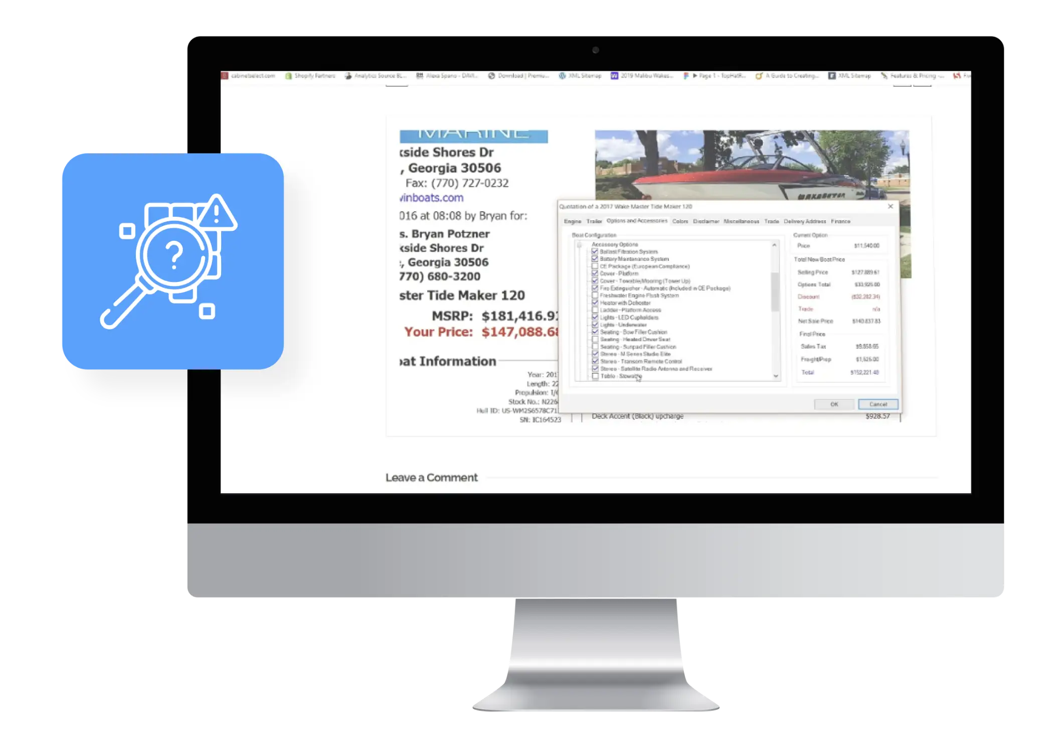 Winboats dashboard on desktop showing automated alerts for potential dealership issues like low inventory, delayed service jobs, and cold sales leads.