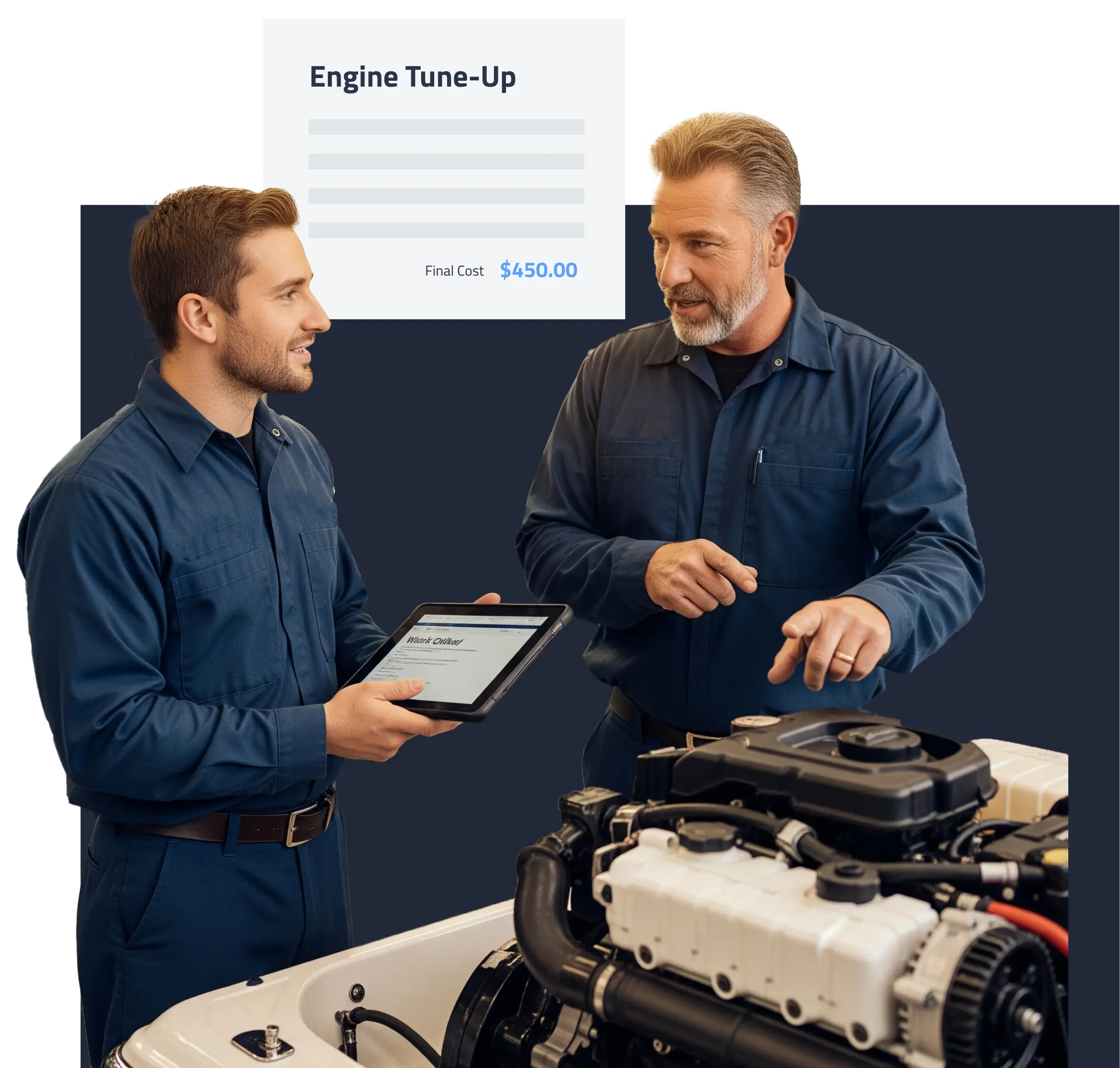 Two marine mechanics discussing repairs next to a boat engine, with one holding a tablet displaying a work order.