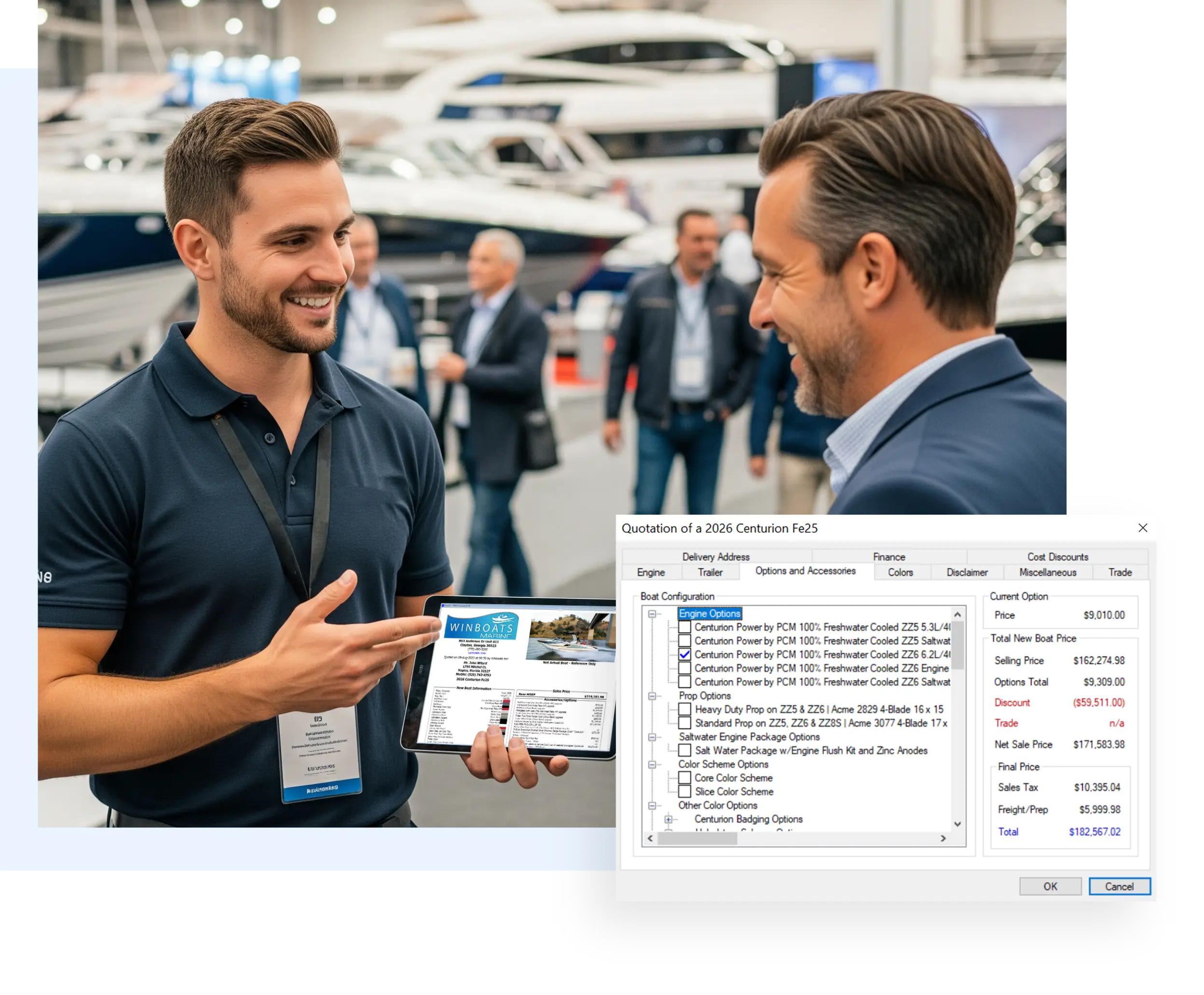 Salesperson at a boat show presenting a tablet with a winboats quotation screen overlay, illustrating an integrated platform where sales, service, parts, and accounting share the same database.