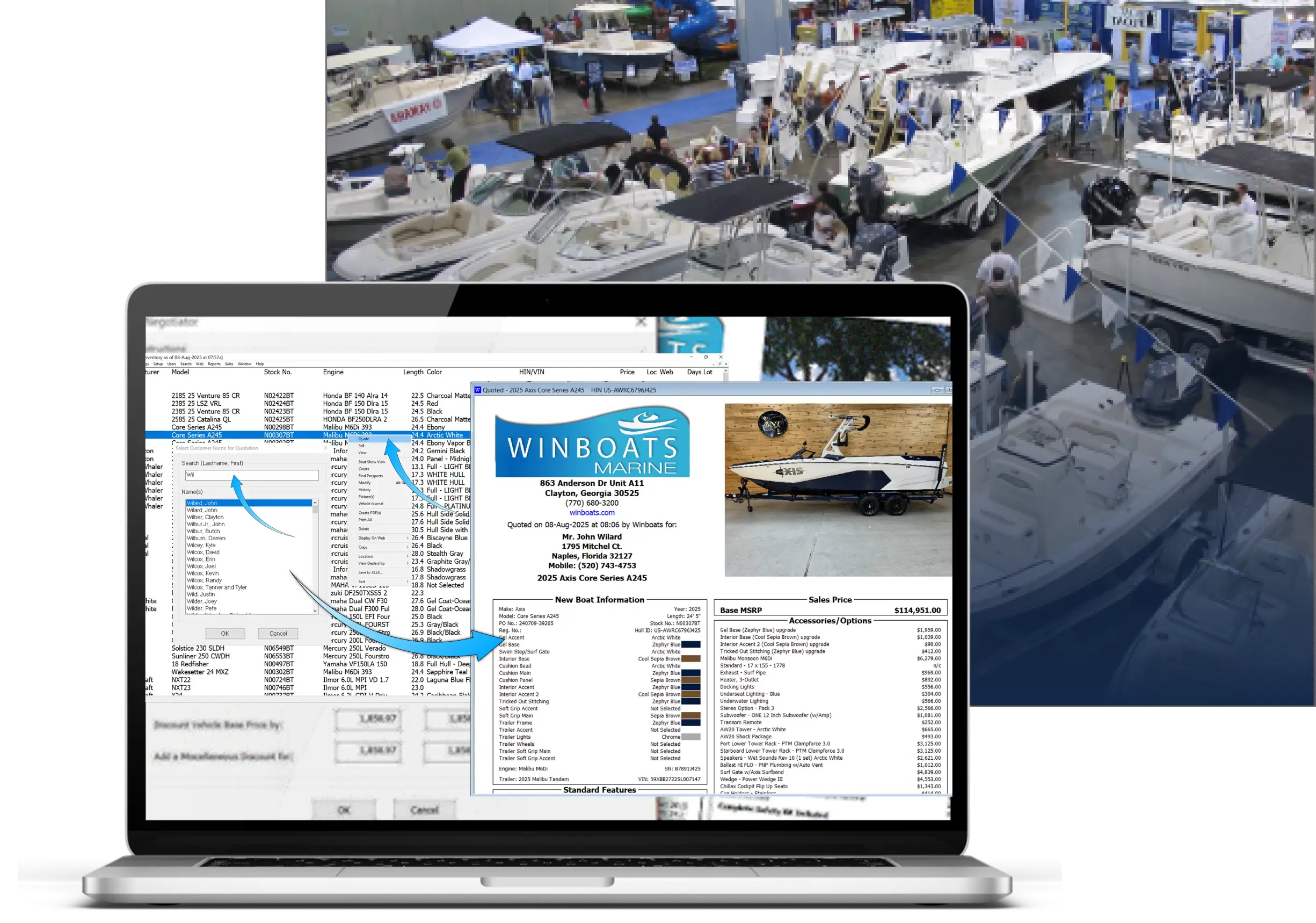 Winboats marine dealer inventory quote software on a laptop at a boat show
