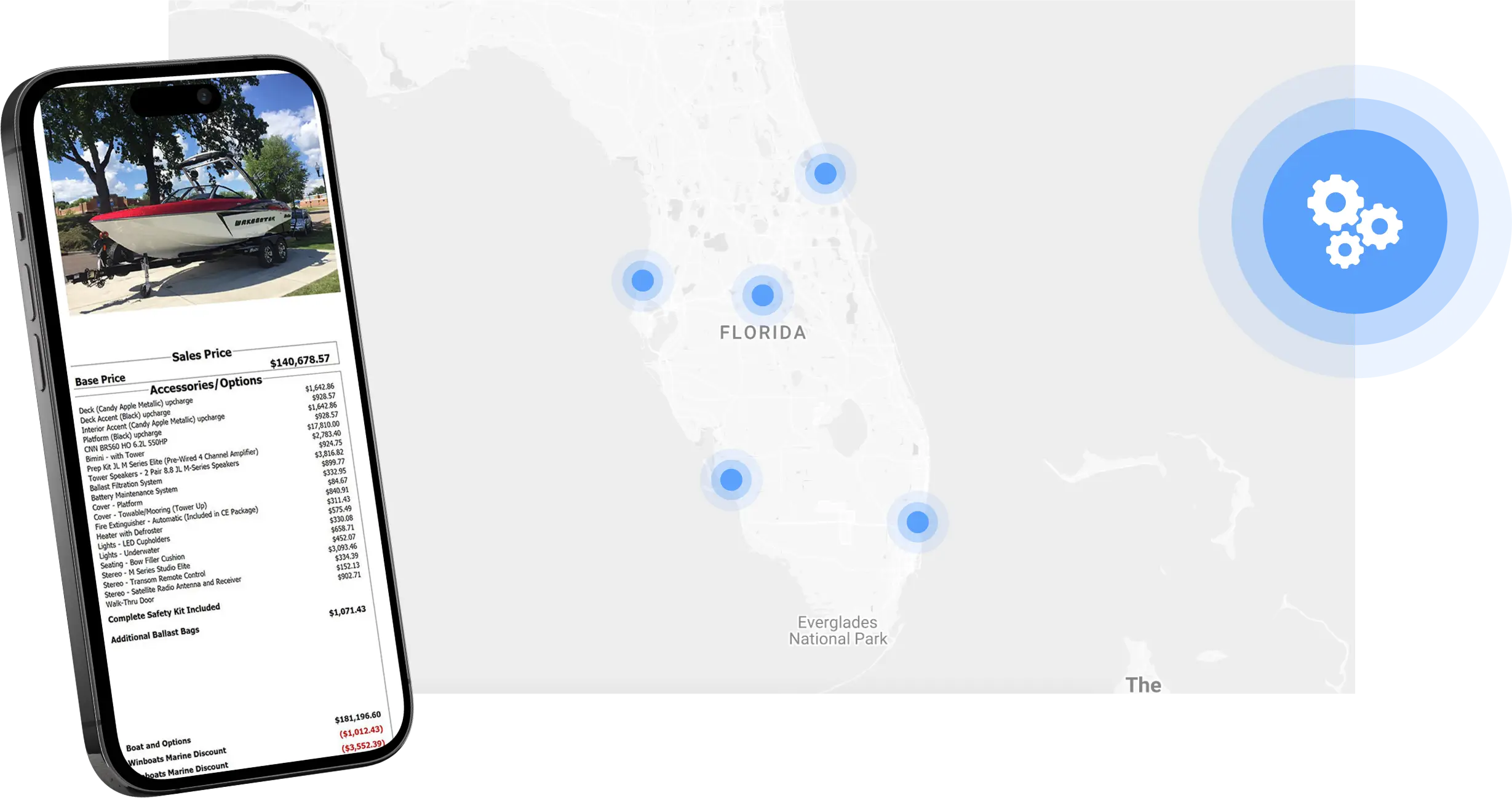 Winboats mobile and desktop system showing boat sales details and a map of multiple dealership locations for centralized management.