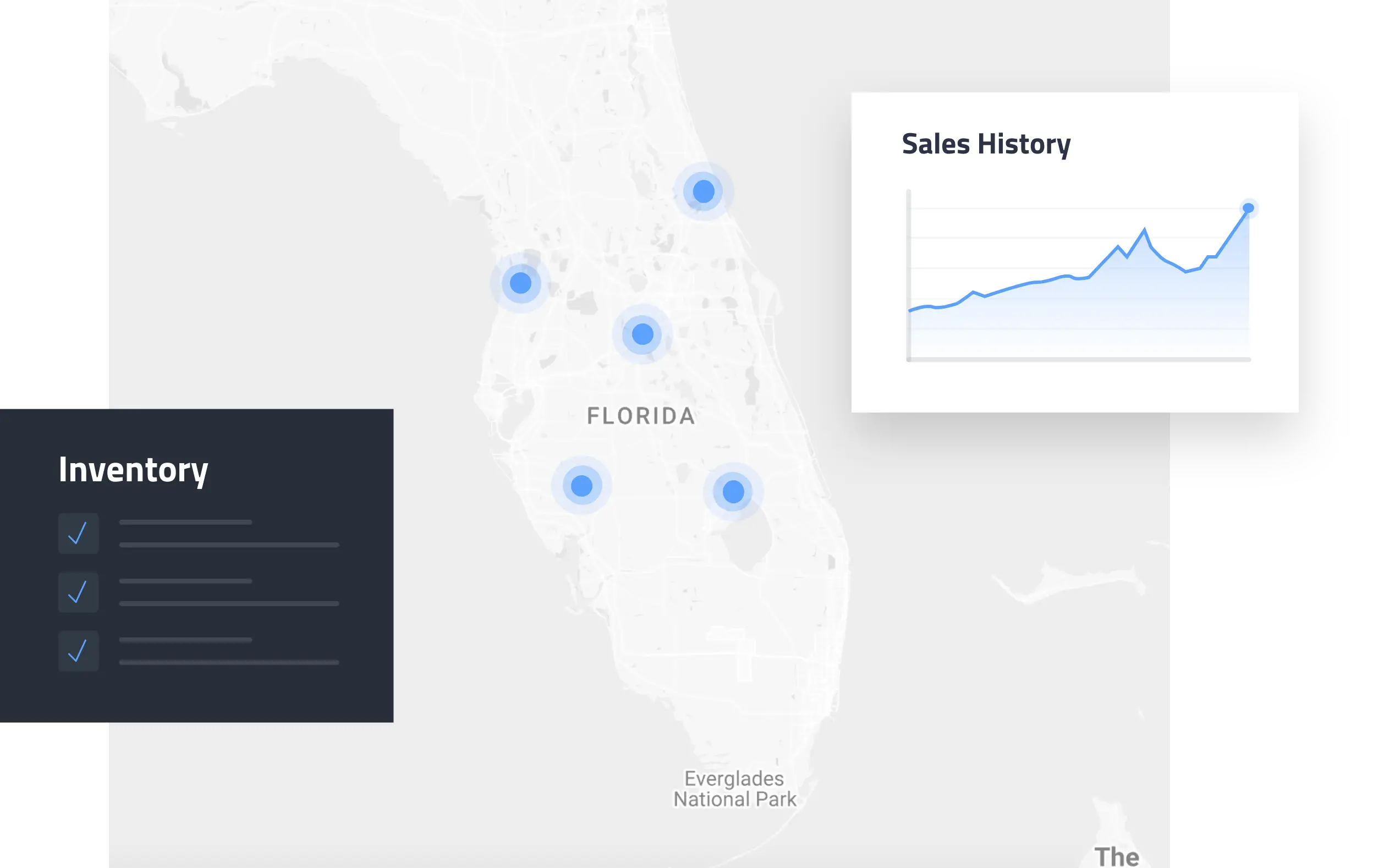Winboats advanced multi-location parts management showing florida map with inventory markers and sales history chart for intelligent restocking.