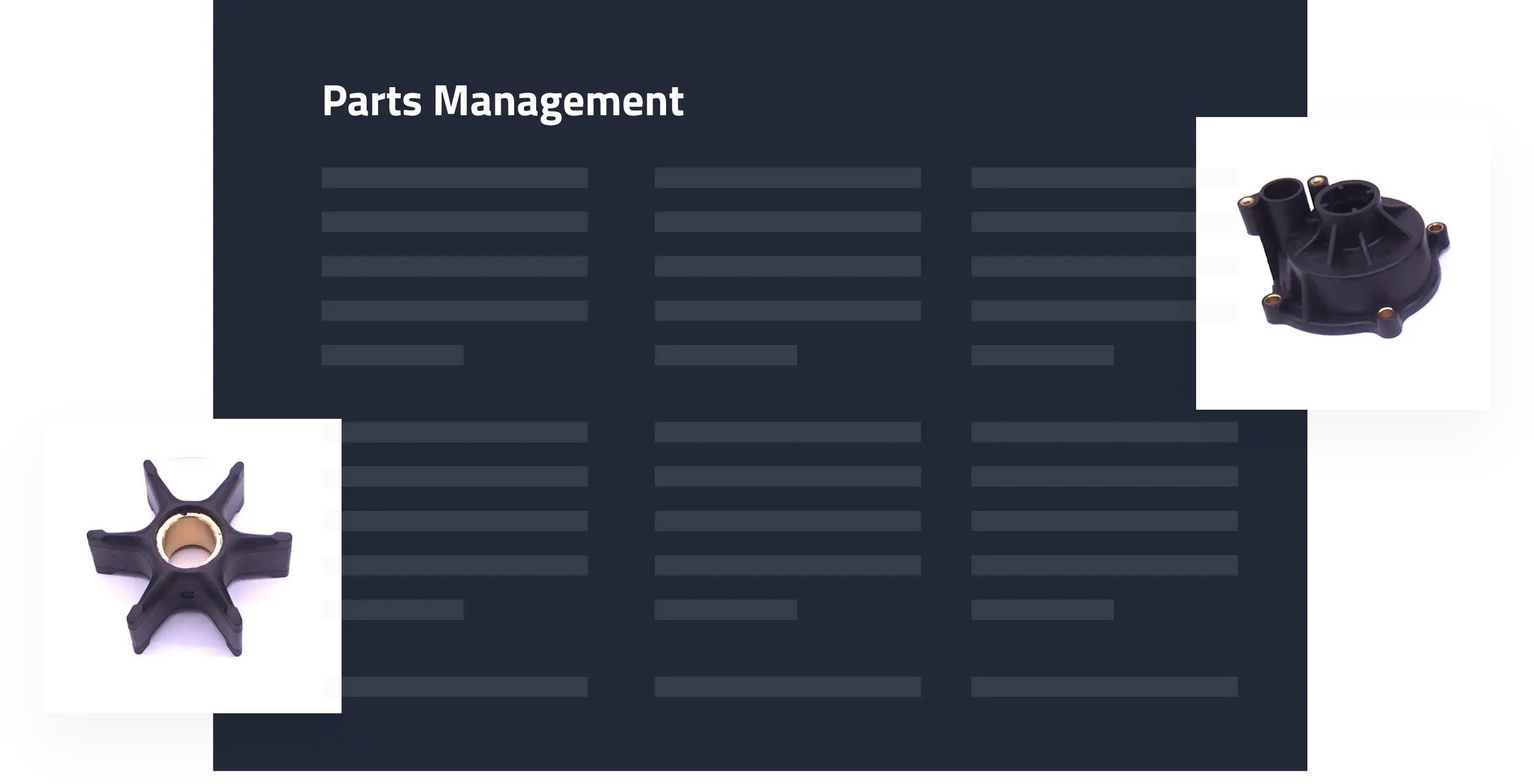 Winboats real-time parts consumption and order tracking showing impeller and pump housing images with parts management interface.