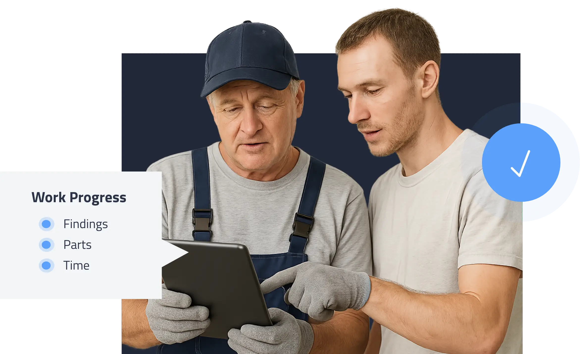 Two marine technicians reviewing a tablet, with a graphic overlay listing work progress details, findings, parts, and time illustrating how winboats tracks every stage of boat repairs in real time.