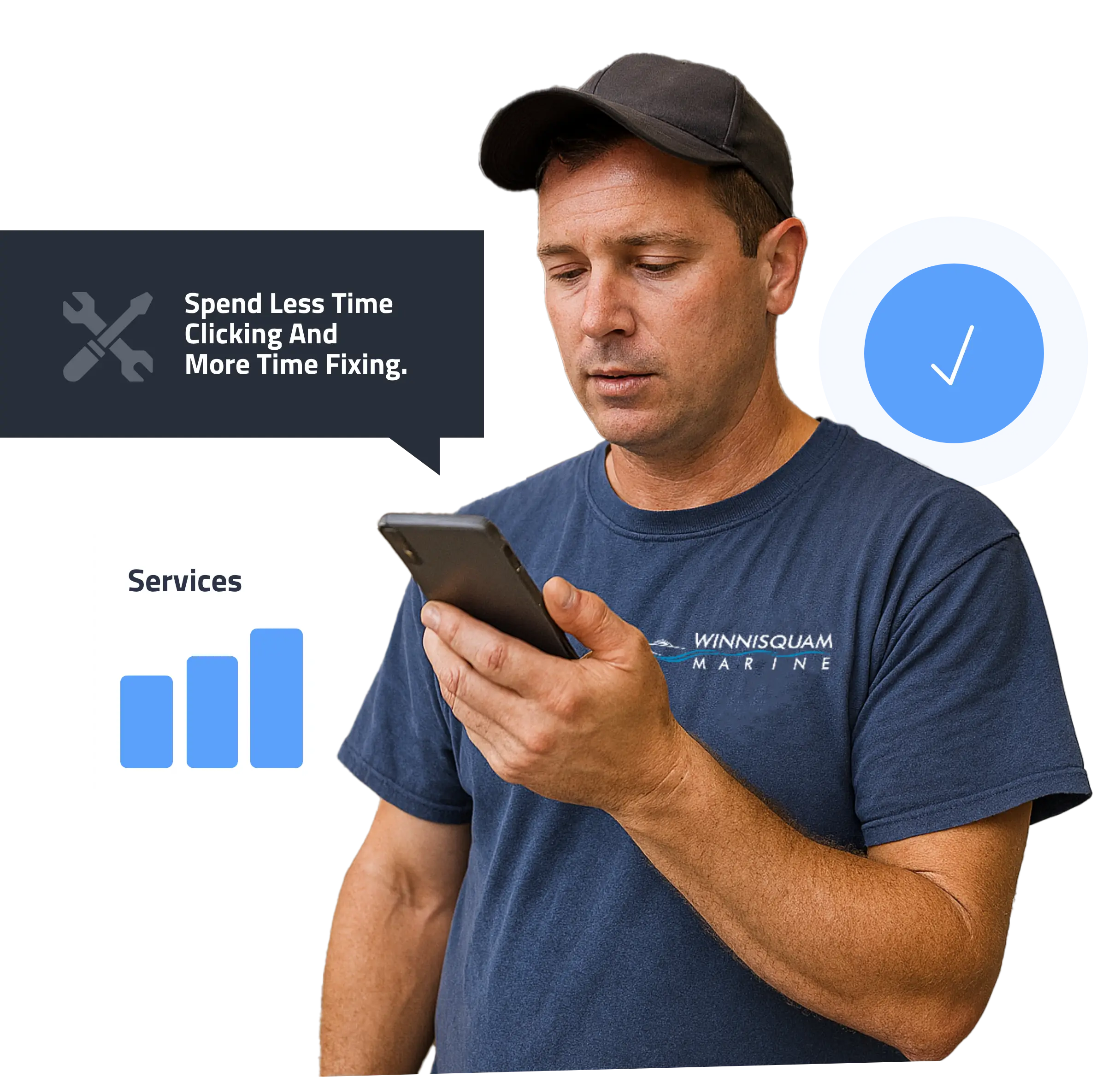 Marine service technician using mobile app to manage services and spend less time clicking and more time fixing