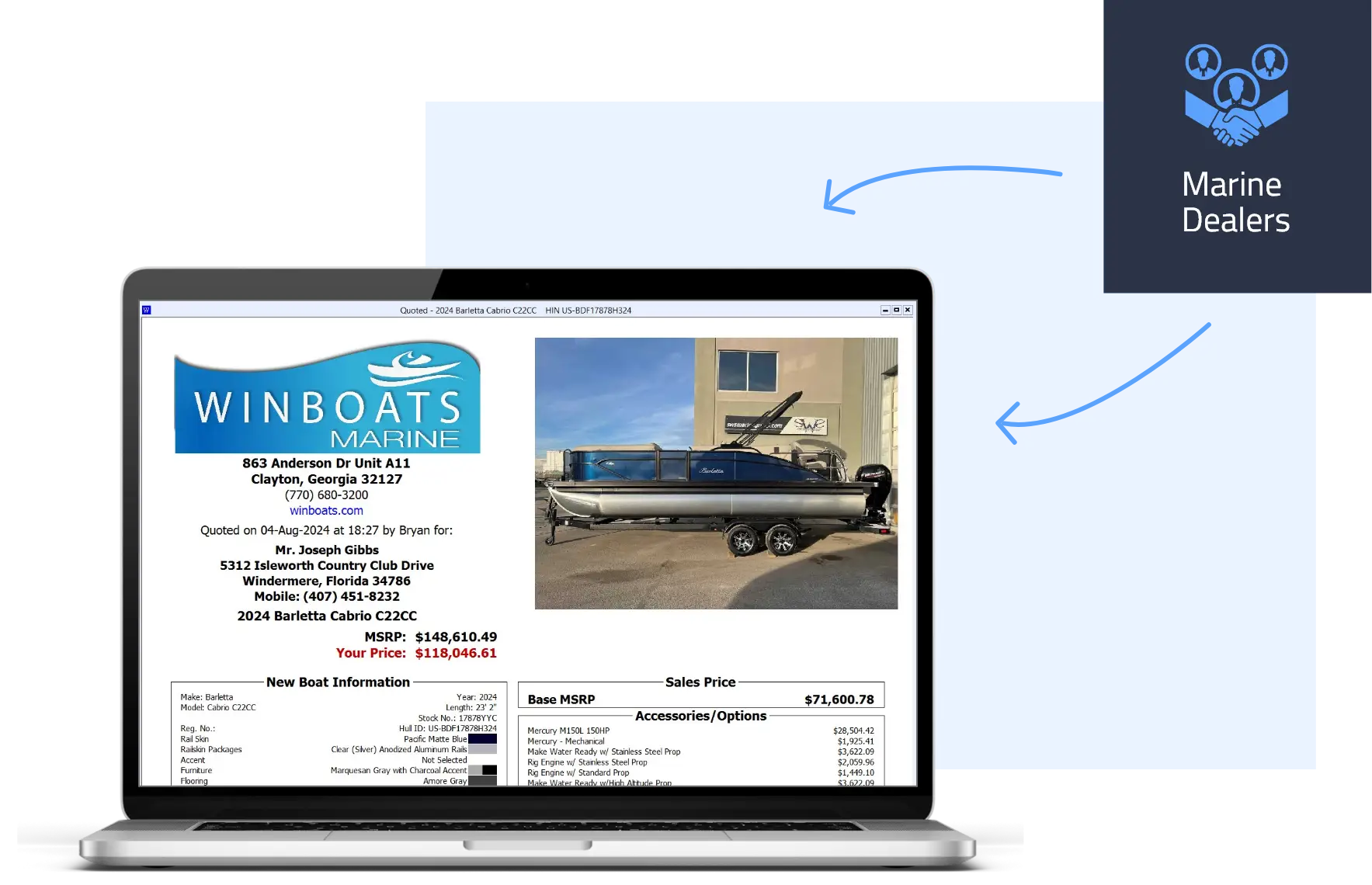 Winboats marine dealership management system laptop screenshot showing professional boat sales quote, trusted by marine dealers to increase sales and revenue growth