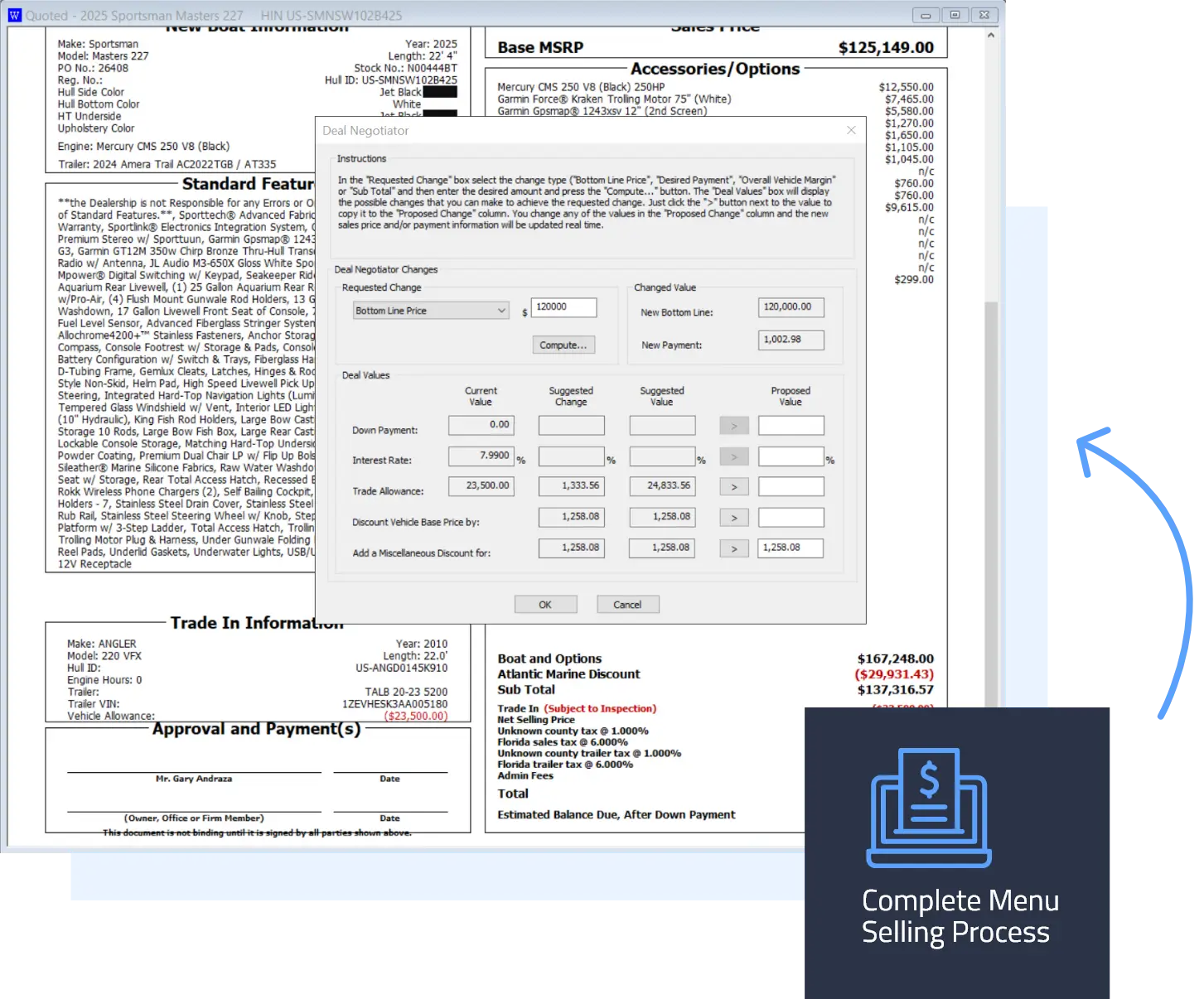 Winboats marine dealership software showing professional boat sales quote creation with integrated pricebooks, financing options, and complete menu selling process