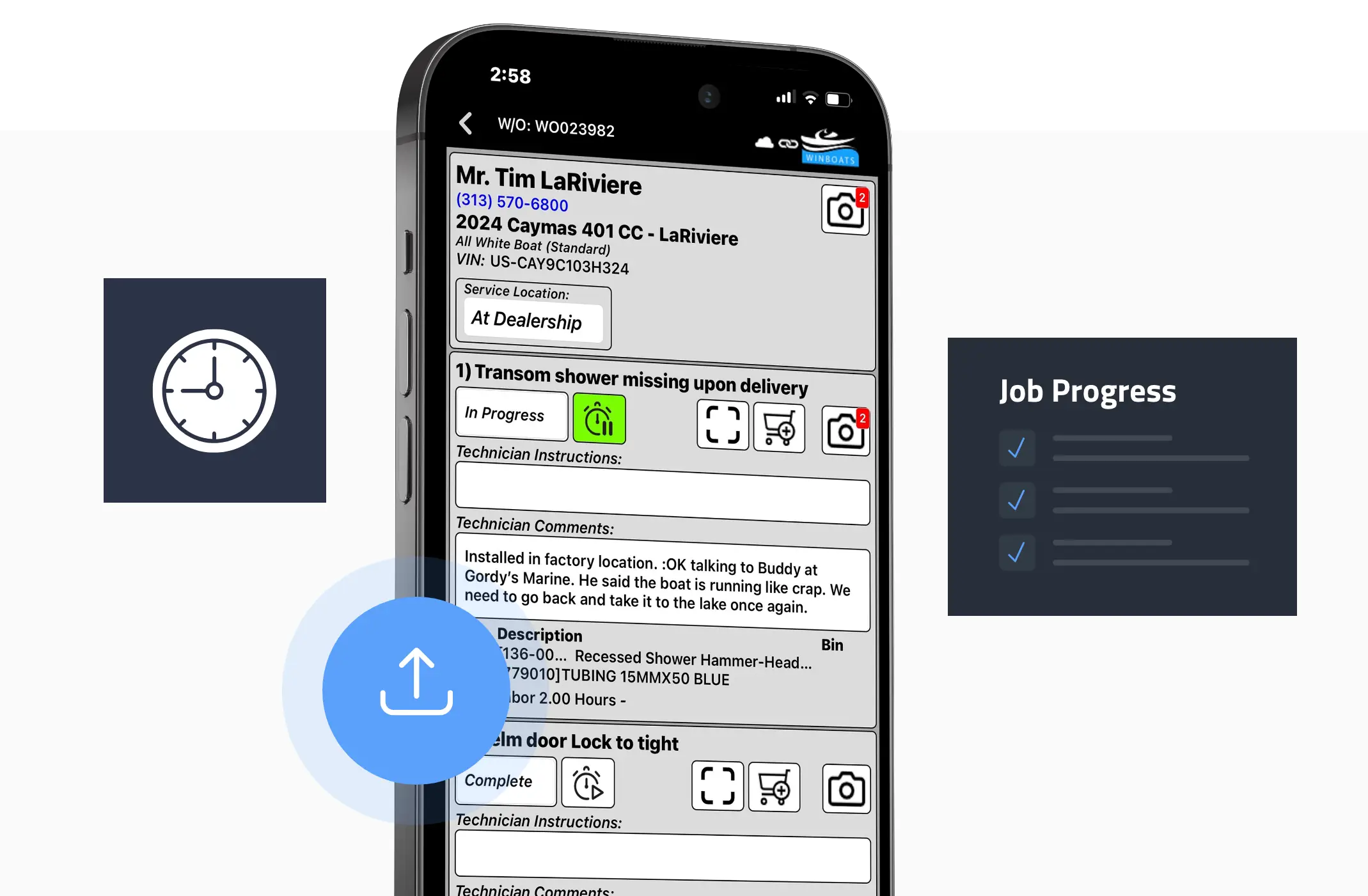 Winboats mobile app showing technician job progress and service tracking on smartphone