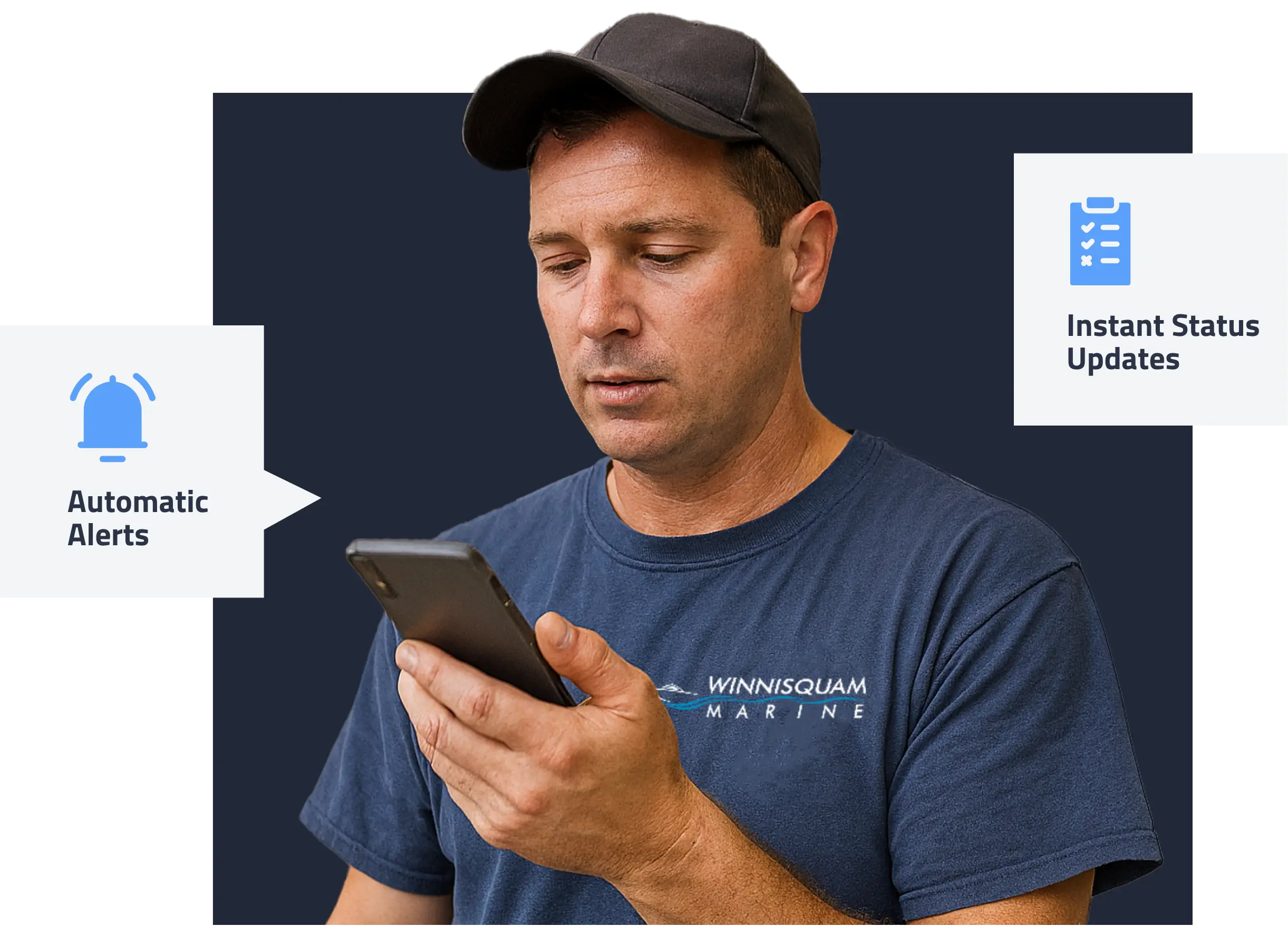 Marine service technician receiving automatic alerts and instant job status updates on a smartphone using winboats real-time tracking system.