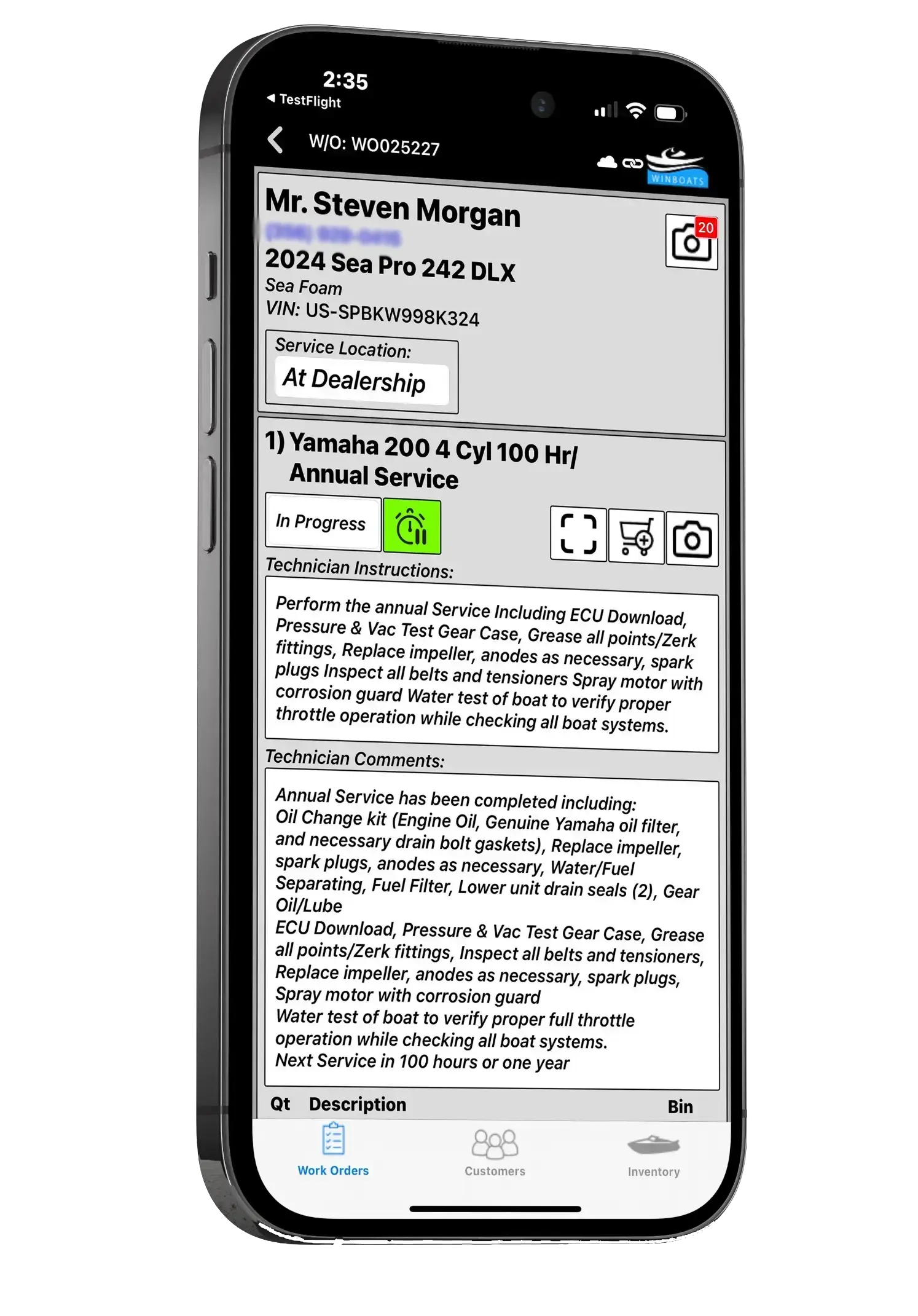 Winboats marine mobile app showing boat dealership work order and technician service management for annual yamaha engine maintenance